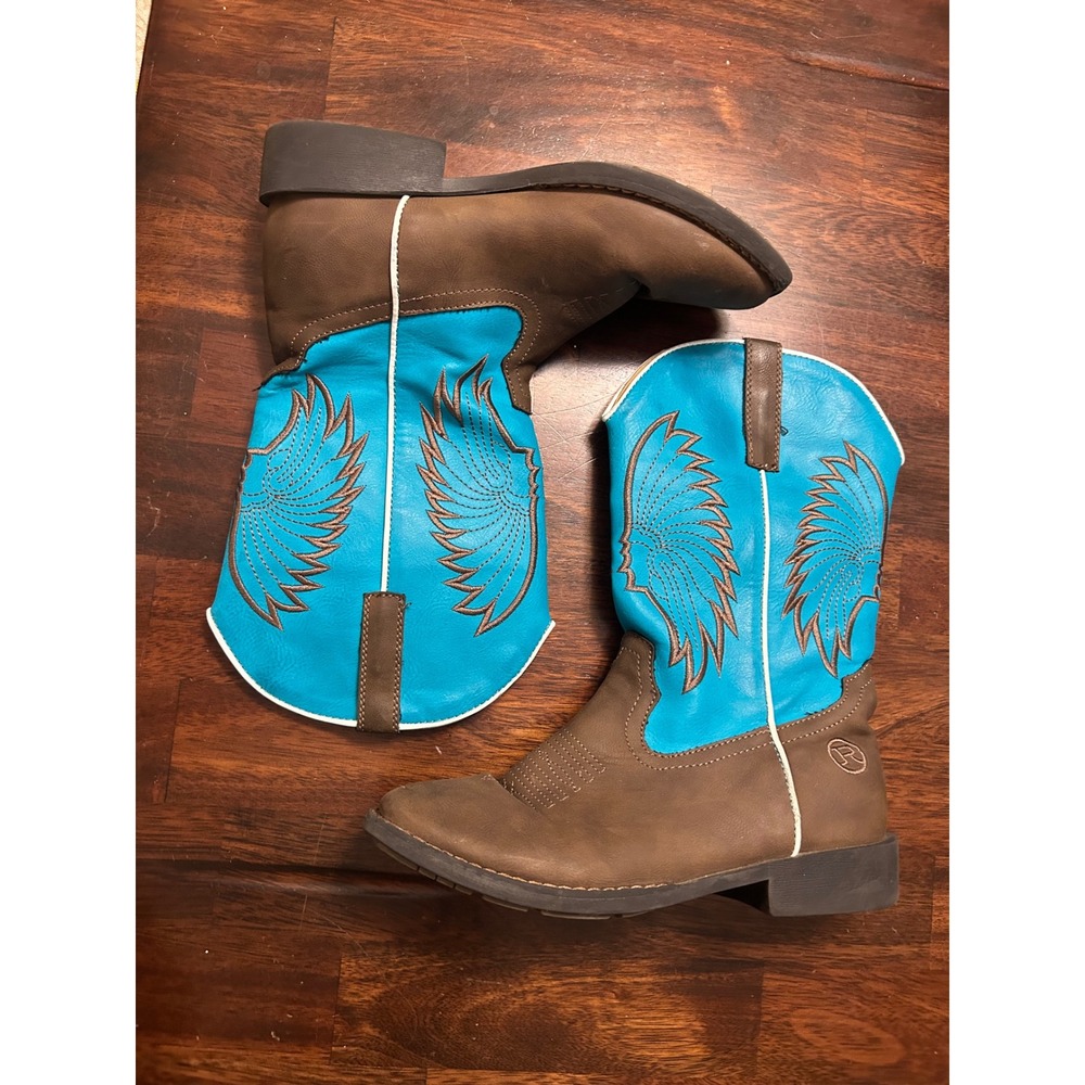 Roper Cowboy Boots Brown Turquoise Embroidered Wing Square Toe Big Kids 4